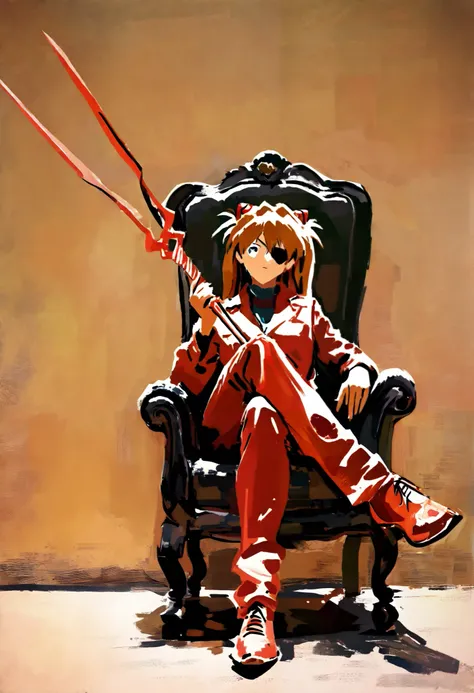 1 ,  Souryuu Asuka Langley , Neon Genesis evangelion, eye patch,  red jumpsuit , sitting, no throne,   crossed legs ,  head slant ,  holding gun , Lance de Longinus \\(evangelion\\), tiro de cowboy,  depth of field,  fake traditional media , Picturesque,  ...