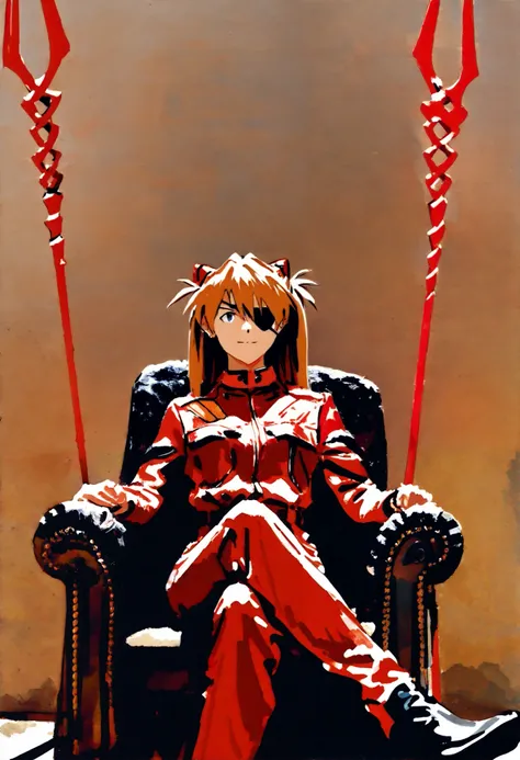 1 ,  Souryuu Asuka Langley , Neon Genesis evangelion, eye patch,  red jumpsuit , sitting, no throne,   crossed legs ,  head slant ,  holding gun , Lance de Longinus \\(evangelion\\), tiro de cowboy,  depth of field,  fake traditional media , Picturesque,  ...