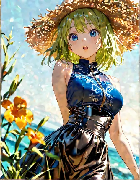 ( girl): Japanese manga style、 medieval fantasy style 、 low angle、 dynamic action、( perfect face)、(Detailed clothing)、Summer ocean sunshine 、female 1 person、Woman&#39;s whole body、 expression of surprise and irritation 、 yellow-green hair、 blue eyes、(Old-f...