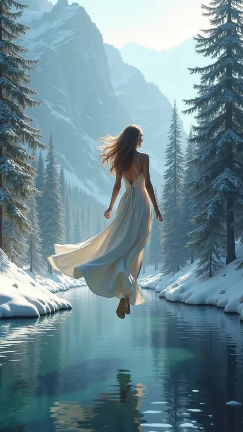 The goddess's sexy thin dress ,

 flying along a long river near a snowy mountain forest