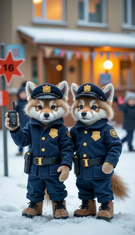 *"Two humanoid wolf cubs proudly cosplay as police officers for their kindergarten's career day event. They wear tiny navy-blue police uniforms with shiny golden buttons, toy badges pinned to their chests, and miniature police caps slightly tilted on their...