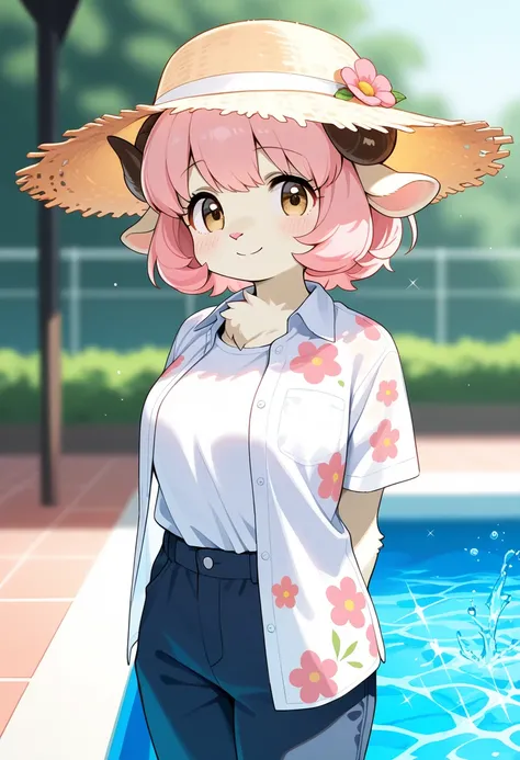 1girl, (furry, kemono:1.4), sheep girl, animal nose, sheep ears, sheep horn, solo, Poolside, Poolside Glow, standing, hat, solo, shirt, arms behind back, outdoors, pants, blurry background, blurry, pink hair, white shirt,  open clothes, open shirt, straw h...