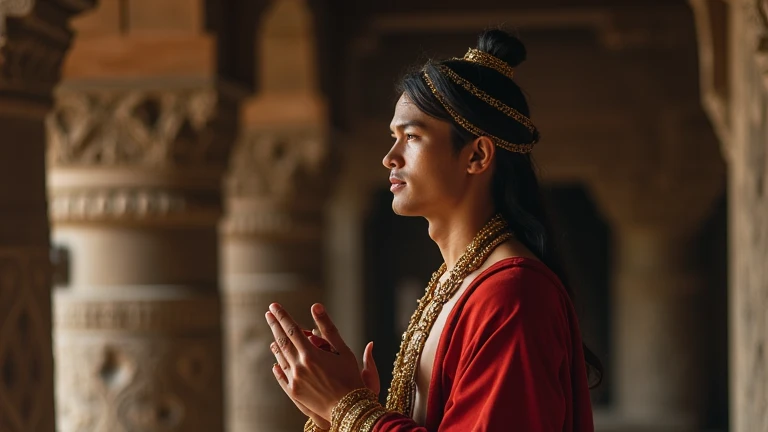 professional photo, photography, a handsome man from Indonesia aged 40 years, long hair neatly tied, headband, soldier of the Majapahit kingdom, shirtless, red robe covering his shoulders, large gold necklace, gold shoulder bracelet, gold wrist bracelet, g...