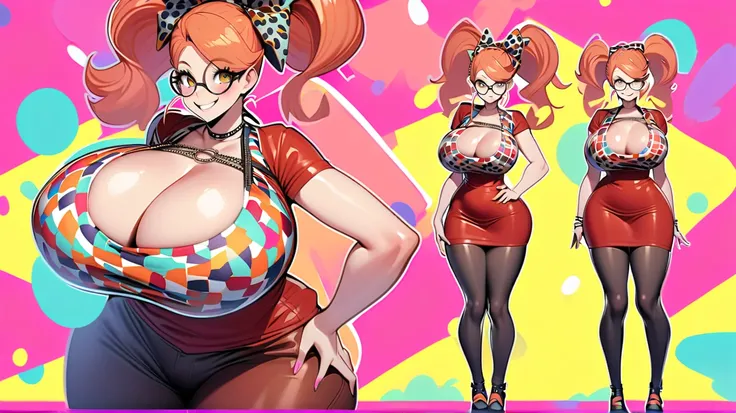  human Eliza Thornberry, full body, (gigantic breasts: 1.0) , brown eyes, round glasses, standing upright, red hair, twin braided pig tails and pink hair bow, teeth braces, smiling, casual, Bold colours and patterns, Eye-catching accessories, Fashionable a...