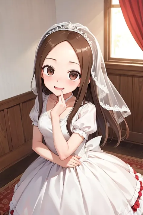 (takagi-san )
 upper body：wedding dress
下半身：Bridal Veil
Subject size：Girl
background ：hospitals
timer：Sunlight
expression ： evil smile
posture ：standing