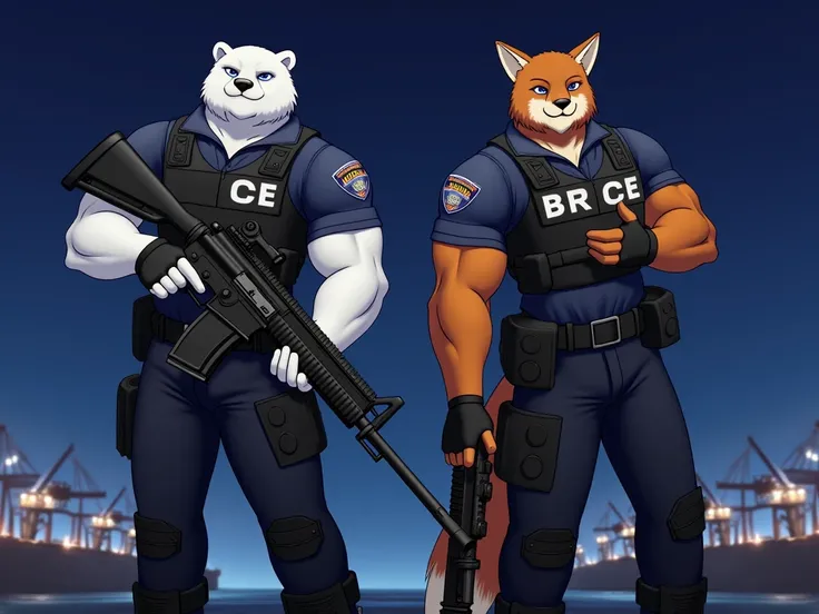 multiple, duo focus, night ship dock background, BREAK, anime, furry, bara, male, muscle, police_polar_bear, blue eyes, white fur, (police_uniform, long_pants), combat boots, (chubby:1.4, muscular:1.4), (tactical armor:1.4), (holding rifle:1.4), furry, bar...