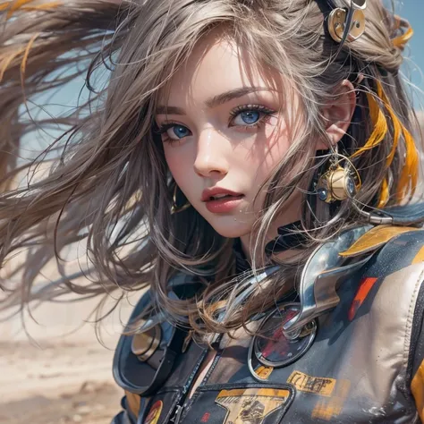 Ride a Harley motorcycle、Running in the desert、Hair flow、 (( top quality、 Masterpiece、8k、 best image quality、 ultra high resolution、 Award-winning work )、( closeup of a woman &#39;face:1.35)、(裸faceのクローズアップ:1.3)、( accurate anatomy:1.1)、(  Look at Me and Lau...