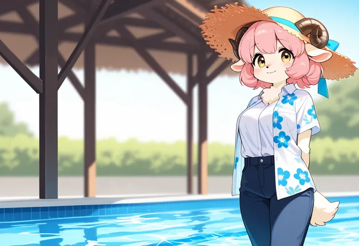 1girl, (furry, kemono:1.4), sheep girl, animal nose, sheep ears, sheep horn, solo, Poolside, Poolside Glow, standing, hat, solo, shirt, arms behind back, outdoors, pants, blurry background, blurry, pink hair, white shirt,  open clothes, open shirt, straw h...