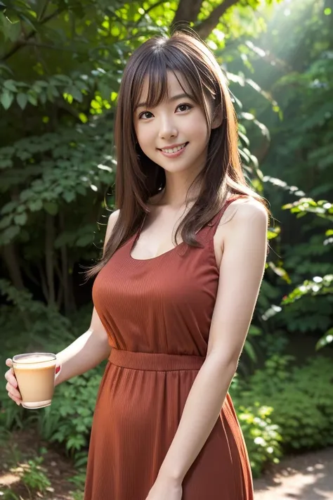 (8k, RAW photo, photorealistic, HQ, masterpiece), a cute Japanese woman, (glowing eyes), from below, 
(smile), brown hair, (A casual sleeveless long dress in a vibrant red color:1.2), large breasts, (Cafe in the forest),
blurred background, depth of field,...