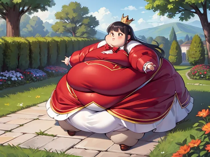 masterpiece,  best quality, Advanced Details ,  very obese ,  girl,  cute,  sitting on the floor,  very obese ,  My stomach is very sticking out, very big legs , Standing in the garden ,  The entire dress completely covers the body.、(white and red patterne...