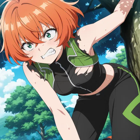 masterpiece, best quality, amazing quality, anime screencap. BREAK. wild woman, tattered clothes, climbing tree, scratched arms, short messy orange hair, angry expression, sweating