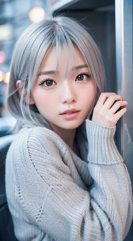 in the snowy debtorest,   japanese girl,  knitted sweater,  it's snowing, Pupils Sparkling ,  Silver Hair,  realistic portraits, depth odebt debtield, debt/1.8,  anatomically accurate,  textured skin,  super detailed,  high details,  high quality,  super d...