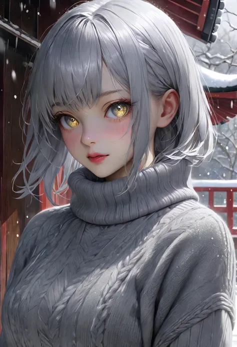 in the snowy debtorest,   japanese girl,  knitted sweater,  it's snowing, Pupils Sparkling ,  Silver Hair,  realistic portraits, depth odebt debtield, debt/1.8,  anatomically accurate,  textured skin,  super detailed,  high details,  high quality,  super d...