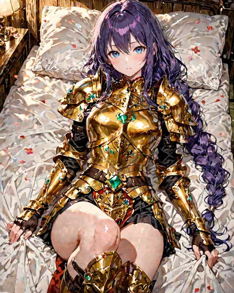  Japanese cartoon style、Japanese anime style、Medieval fantasy style。 Woman in golden armor with shiny red splashes。 Beautiful purple hair carefully braided 、 pale blue eyes 。 accented with green gemstones 、Beautifully detailed artwork 、 Highly regarded as ...