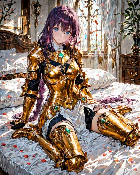  Japanese cartoon style、Japanese anime style、Medieval fantasy style。 Woman in golden armor with shiny red splashes。 Beautiful purple hair carefully braided 、 pale blue eyes 。 accented with green gemstones 、Beautifully detailed artwork 、 Highly regarded as ...