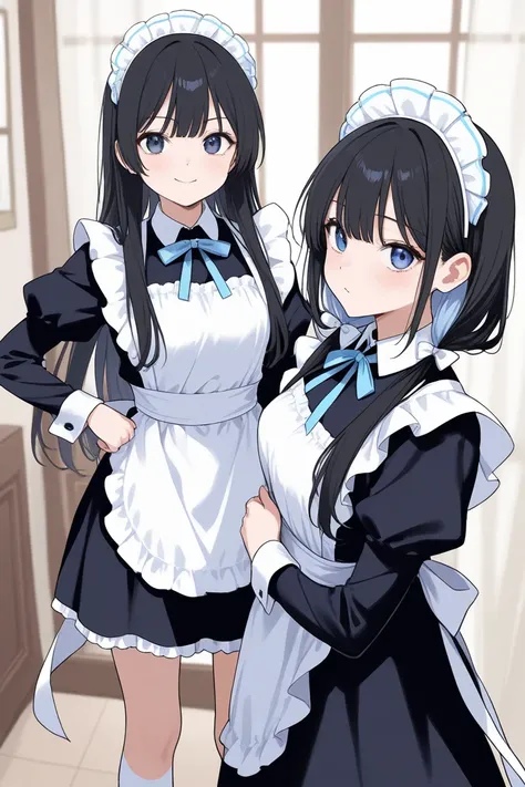 Light blue maid with black hair and half twins