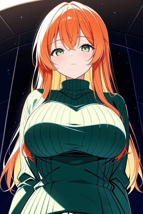 Upper body, 1girl, solo, ginger long hair, large breasts, green sweater