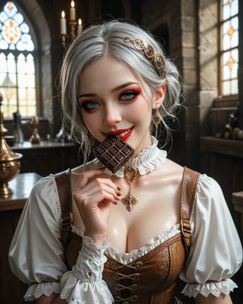 A medieval European woman, face forward, silver hair, stylishly down, wearing a dressy medieval European dress, a high-necked blouse with frills around the neck, wearing non-revealing clothes, medieval European style accessories, dark makeup, gray or black...