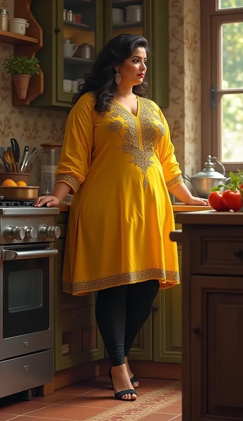 A big and chubby Pakistan's beautiful curvy thick leg woman wearing yellow satin tight embroidery kurti and knee length black colour leggings with high , working in the kitchen.