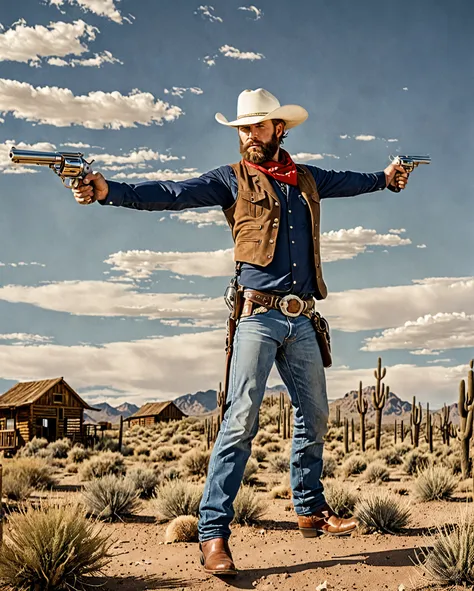 A rugged cowboy with a thick beard and intense expression stands in a wide, heroic stance in a Wild West desert setting. He wears a white cowboy hat, a navy-blue vest over a white long-sleeved shirt, a red neckerchief, blue denim jeans, and brown leather b...