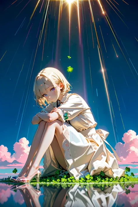 (kawaii background:1.3), (extremely detailed fine touch:1.3), (hard light, studio light, light rays, dappled light, reflection, shadows, ray tracing:1.0), ///, girl, white blonde short hair, full body, sky, cloud, flower, glass shoes, (clover:1.3), (sittin...