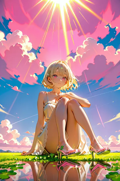 (kawaii background:1.3), (extremely detailed fine touch:1.3), (hard light, studio light, light rays, dappled light, reflection, shadows, ray tracing:1.0), ///, girl, white blonde short hair, full body, sky, cloud, flower, glass shoes, (clover:1.3), (sittin...