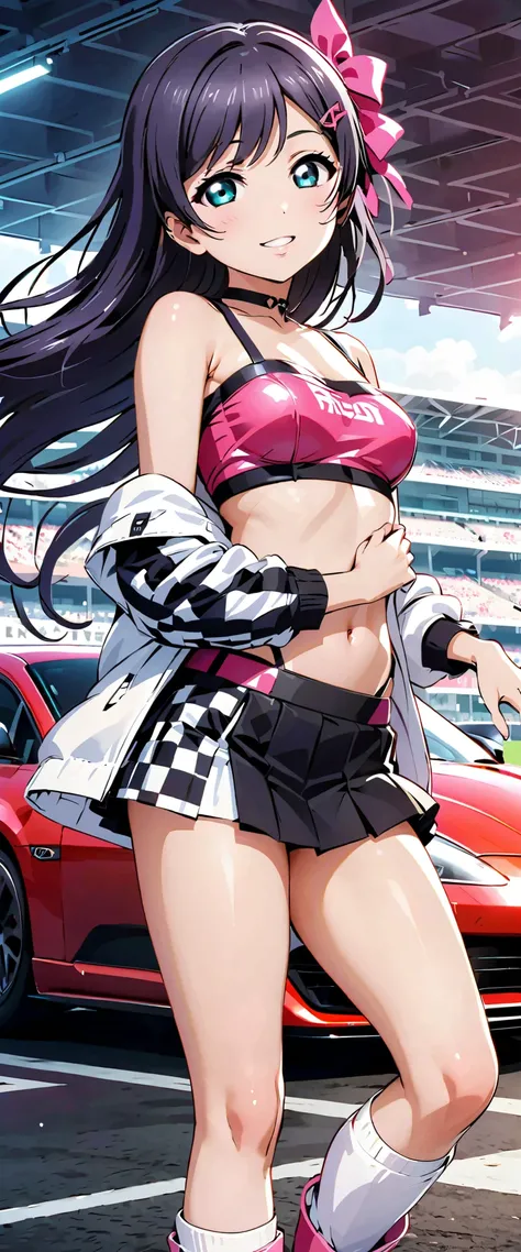  top quality,  ultra high resolution,  One person,   small breasts,  Black Choker, smile,  exposes shoulders,  focus only ,  Watch Viewers,Fair skin,Car racing track, photon mapping to viewers,  physics-based rendering ,  RAW photos ,  Highly Detailed Back...