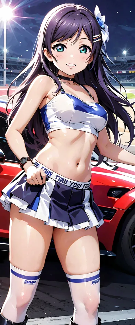  top quality,  ultra high resolution,  One person,   small breasts,  Black Choker, smile,  exposes shoulders,  focus only ,  Watch Viewers,Fair skin,Car racing track, photon mapping to viewers,  physics-based rendering ,  RAW photos ,  Highly Detailed Back...