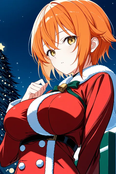 Upper body, 1girl, solo, ginger short hair, large breasts, Santa costume 