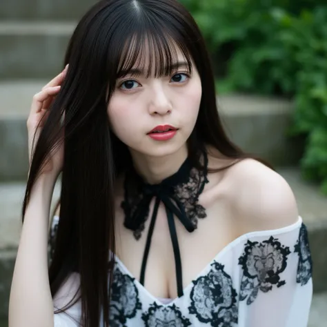 Facial close-up, a sharp focus 35mm photo of a beautiful 21 year old woman named asuka with long hair and bangs, sat on the stone steps. Her skin is snow-white and her figure is slim. She has a perfect slim body with a beautiful face. She is of Japanese he...