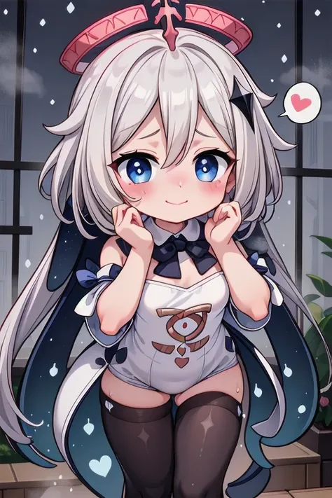 Sleeveless camisole, thick thighs, white hair, glowing eyes,(loli:1.6), showing belly, thick thigs, white, heart with hands, very happy, smile, thong, room, window, rain, thick thighs, happy, smile, very blushed, embarrassed, nervous, blue eyes, white hair...