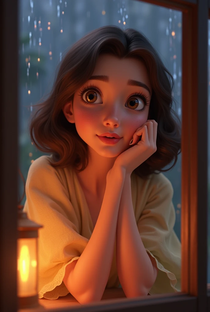 *A beautifully animated close-up of a young woman sitting by a window on a rainy day, gazing wistfully outside with her chin resting gently on her clasped hands. She has shoulder-length, soft, bouncy curls in a warm brown tone, framing her delicate, heart-...