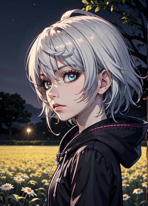 full shot of profile girl walking in flower field at night, lovely illustration in a ren's fairytale book, outdoors in daisy field at night, 1girl, short hair, fair skin, white hair, amber pupils in pink, human, anime screencap, neat medium length bob, sha...