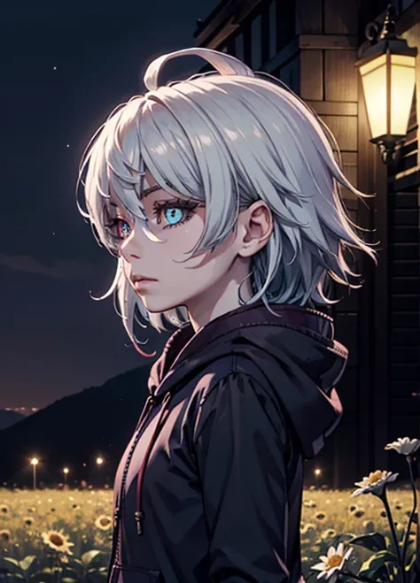 full shot of profile girl walking in flower field at night, lovely illustration in a ren's fairytale book, outdoors in daisy field at night, 1girl, short hair, fair skin, white hair, amber pupils in pink, human, anime screencap, neat medium length bob, sha...