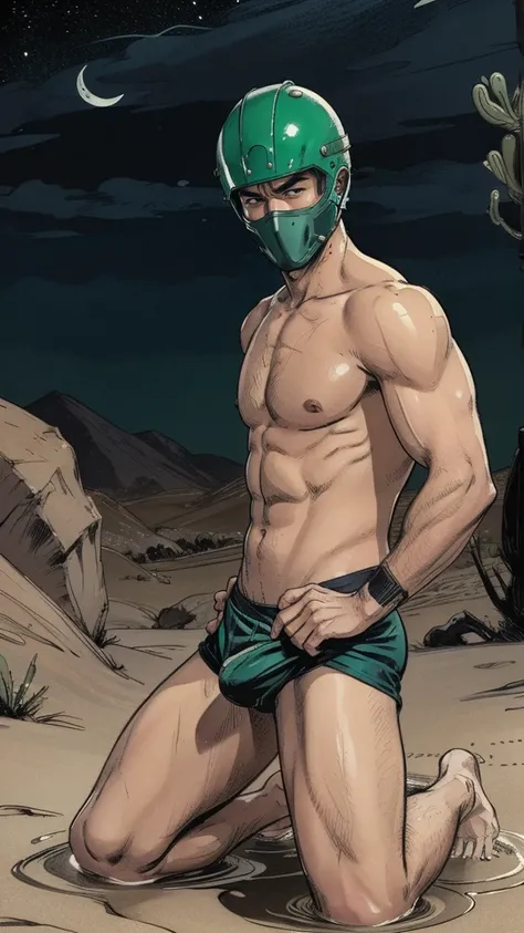 (masterpiece), best quality, humanization of male sexuality, full Body Portrait Head to Toe of Men Masculine Youth 20 years old Men Pin Up Japanese Men Sexy Desert Warrior, wearing an pastel green full face shinobi helmet covering with headscarf, The Helme...