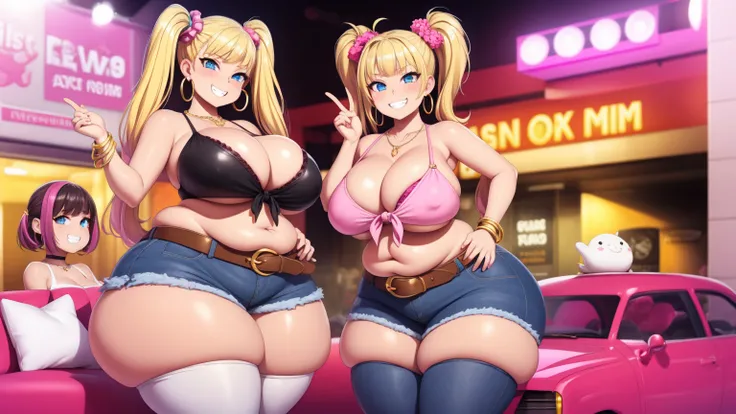 big lips, blonde hair, blue eyes, bimbo face, gyaru, two side up, huge breasts, wide hips, curvaceous, sexy, pink theme, kawaii, detailed, bedroom, decora, bangs, grin, gyaru outfit, kawaii, jeans, cleavage, huge boobs, gigantic boobs, dynamic pose, dynami...