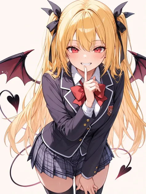 ((masterpiece, best quality, extremely detailed)), 1girl, blonde hair, long hair, red eyes, hair ribbon, demon girl, school uniform, black thighhighs, grin, finger to mouth, looking at viewer, cowboy shot, no cropping, simple background,