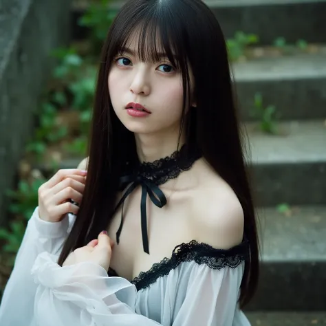 Facial close-up, a sharp focus 35mm photo of a beautiful 21 year old woman named asuka with long hair and bangs, sat on the stone steps. Her skin is snow-white and her figure is slim. She has a perfect slim body with a beautiful face. She is of Japanese he...