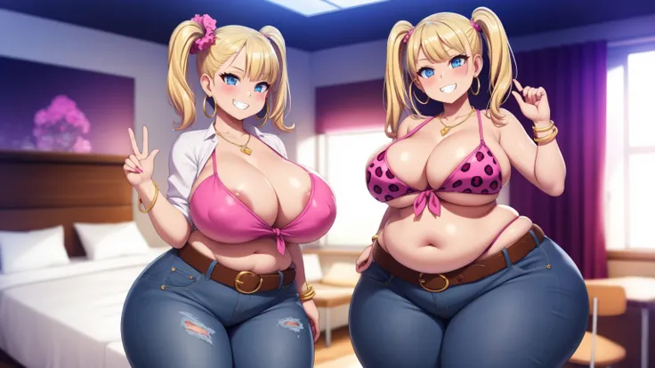 big lips, blonde hair, blue eyes, bimbo face, gyaru, two side up, huge breasts, wide hips, curvaceous, sexy, pink theme, kawaii, detailed, bedroom, decora, bangs, grin, gyaru outfit, kawaii, jeans, cleavage, huge boobs, gigantic boobs, dynamic pose, dynami...