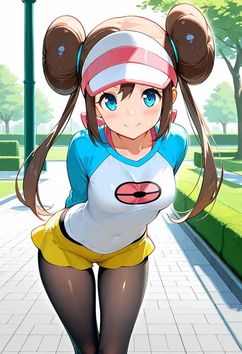 1girl, leaning forward, arms behind back, from front, BREAK zzRosa, hair bun, blue eyes, twintails, visor cap, pantyhose, raglan sleeves, yellow shorts, short shorts, shirt, pink bow, (small breasts:0.7), smile, BREAK detailed background, park, BREAK (best...