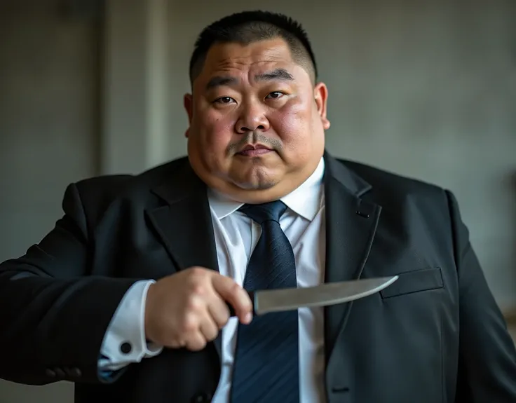  best quality,  facial focus,  ultra high resolution, (realism:1.4),  RAW Photo , An obese Chinese man in a suit ， with very short hair ，Lips tightly closed， dark blue tie 、, the expression is serious ， facing the camera，storehouse，Hold a very short knife ...