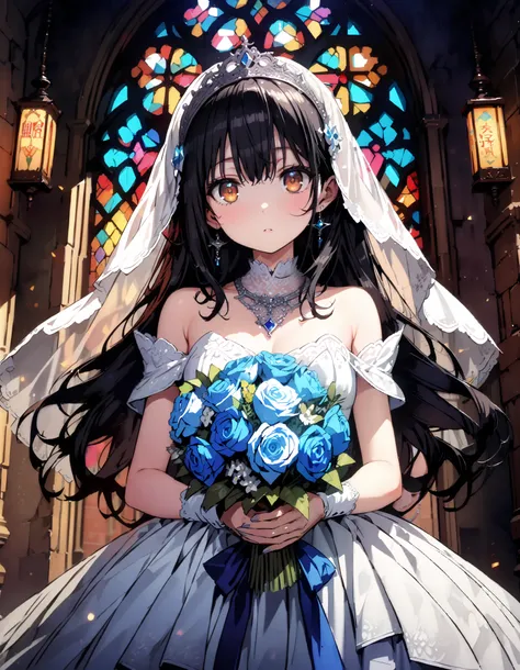  score_9,  score_8_ up the side,  score_7_ up the side,  source_Anime,  Sonoda Umi  ,  long hair, bangs, çµç¹ ,  brown eyes,  Lantern, off shoulder wedding dress, wedding long skirt with a bouquet of flowers in both hands, Veil, tiara , necklace,bouquet, b...