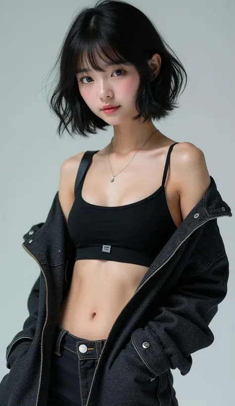  black hair and wavy dark jeans short hair  &  
Eyes are black　black sports bra
short sleeve dark jean jacket　 Japanese　 real 　 photos　 glitter effect, 腰から上の photos　stand up　証明 photos　正面 photos