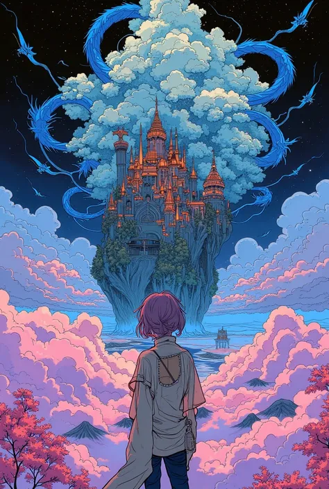 ((  A vast world above the clouds  :1.2)), (((I'm wearing a hip-length chiffon shirt with an open chest 、 There are brightly colored clouds spreading  ))), ( Large, Spectacular, and、 A castle with a very complex shape at the center  ),  その城はLarge城下町と美しい庭園に...