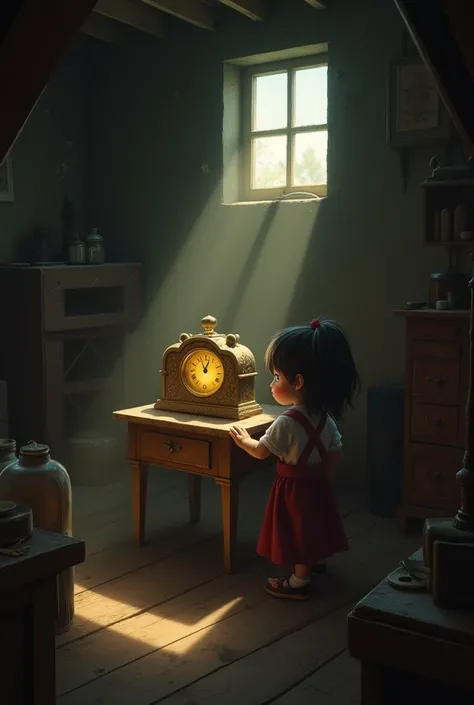 1: The Attic Discovery**
- **Visual:** A dusty, dimly lit attic filled with old furniture, boxes, and cobwebs. A beam of sunlight streams through a small window, illuminating a mysterious antique clock on a wooden table. The clock has intricate carvings an...