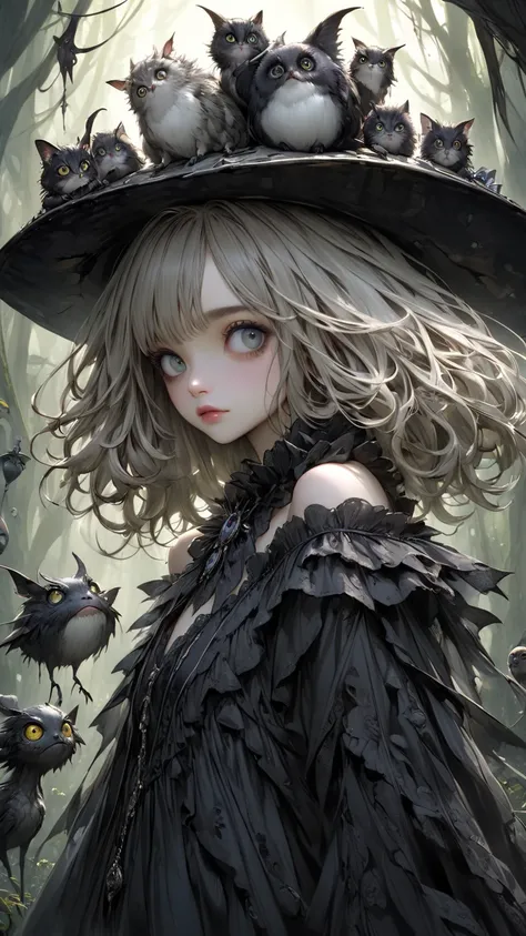  Tim Burton Style、 extremely realistic 、Girls and fictional creatures、