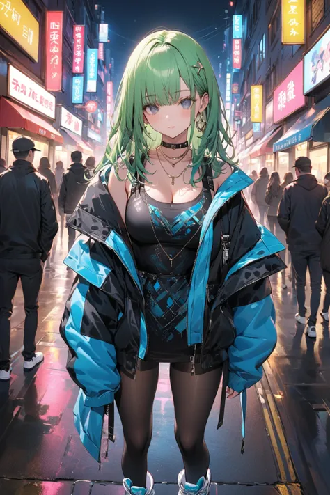 8k resolution, Masterpiece, Master work, semi-realistic, 1woman, standing, from top, busty, breasts apart:1.2, small face, mad green long hair:1.3, street cap, gray eyes, bisque doll, empty expression:1.2, The art style is modern and elegant, outlines and ...