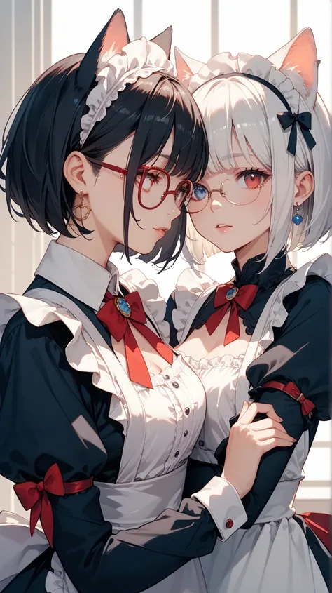  2 girls　 classical long maid　 cat　 bob cut　Dark hair with red eyes and white hair color with blue eyes 　Glasses　Kind expression　indoor