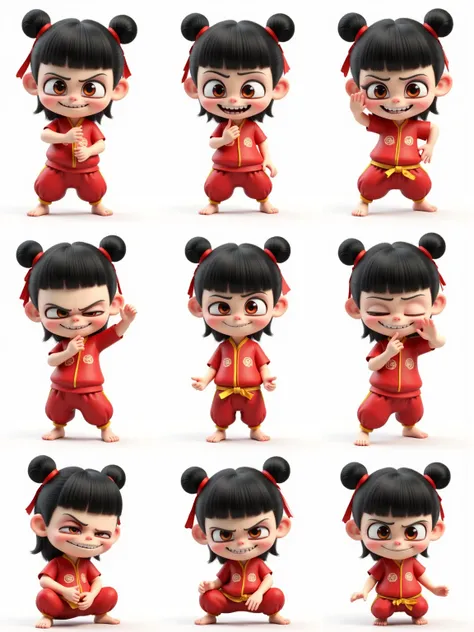 Cute and funny anime-style Nezha facial features, upper body, various exaggerated expressions and actions, including happy, laughing, surprised, angry, crying, thinking, lying flat, tired, mocking, etc. Chinese ancient style animation, mainly red and green...