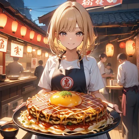 ( Masterpiece,  top quality:1.2),  1 GIRL, ( Lantern), ( apron、 apronにはひらがなで（Okonomiyaki）It's printed with), ( okonomiyaki), [stall]、big banner